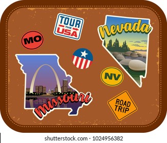 Missouri, Nevada travel stickers with scenic attractions and retro text on vintage suitcase background