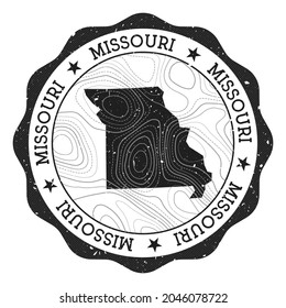 Missouri outdoor stamp. Round sticker with map of us state with topographic isolines. Vector illustration. Can be used as insignia, logotype, label, sticker or badge of the Missouri.