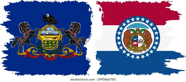 Missouri and Pennsylvania states grunge brush flags connection, vector