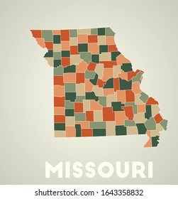 Missouri poster in retro style. Map of the US state with regions in autumn color palette. Shape of Missouri with US state name. Classy vector illustration.