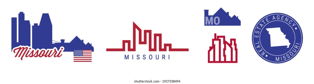 Missouri real estate agency. US realty emblem icon set. Flat vector illustration. American flag colors. Big city and suburbs. Simple silhouette map in the round seal stamp.