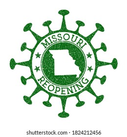 Missouri Reopening Stamp. Green round badge of us state with map of Missouri. Us state opening after lockdown. Vector illustration.