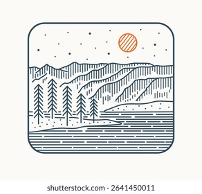 Missouri River at Theodore Roosevelt National Park in mono line art for sticker t shirt and badges