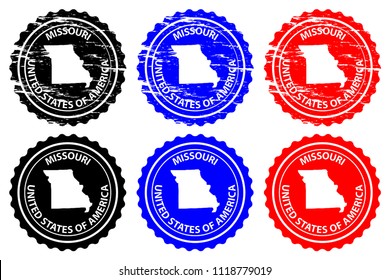 Missouri - rubber stamp - vector, Missouri (United States of America) map pattern - sticker - black, blue and red 