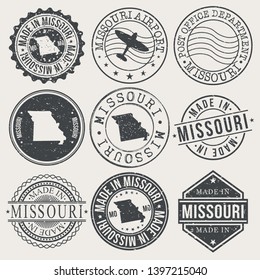 Missouri Set of Stamps. Travel Stamp. Made In Product. Design Seals Old Style Insignia.