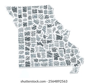 Missouri shape text cloud. State border with shadow on white background. Missouri with counties division in vintage gazette style. Creative vector illustration.