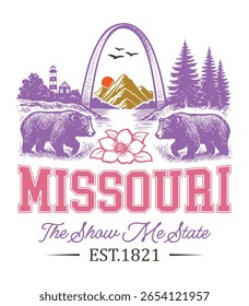 Missouri The Show-Me State - Estados Unidos Estado Cityscape T-shirt Vetor, Ícones americanos de referência, Vintage Estados Cityscape Camisa, Retro Travel City Art, Estados Citações de referência, Estado de férias Ilustração