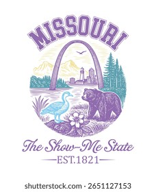 Missouri The Show-Me State - US State Vintage T-shirt Vector, USA States Cityscape Landmark Icons, American State Typography Shirt, USA Skyline Clipart, Retro travel city illustration
