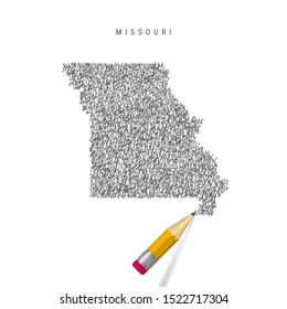 Missouri sketch scribble map isolated on white background. Hand drawn vector map of Missouri. Realistic 3D pencil with eraser.