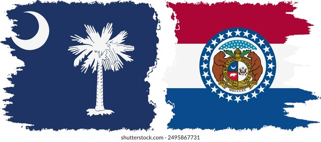 Missouri and South Carolina states grunge brush flags connection, vector