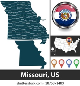 Missouri Staat mit Grafschaften und Lage auf der amerikanischen Karte. Vektorbild