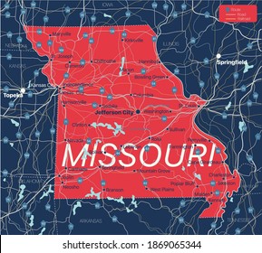 Missouri state detailed editable map with cities and towns, geographic sites, roads, railways, interstates and U.S. highways. Vector EPS-10 file, trending color scheme