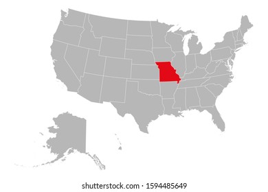 Missouri state highlighted red color on USA map. Gray background. USA political map.