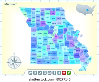 Missouri State Map with Community Assistance and Activates Icons Original Illustration