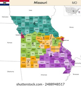 Missouri state map with counties borders and colored congressional districts boundaries due to The 2020 United States census and which is valid since 2023. Flag of Missouri. Vector