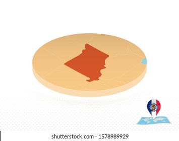 Missouri state map designed in isometric style, orange circle map of US state Missouri for web, infographic and more.