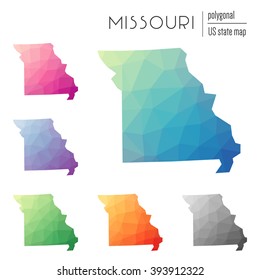 Missouri state map in geometric polygonal style. Set of Missouri state maps filled with abstract mosaic, modern design background. Multicolored state map in low poly style.