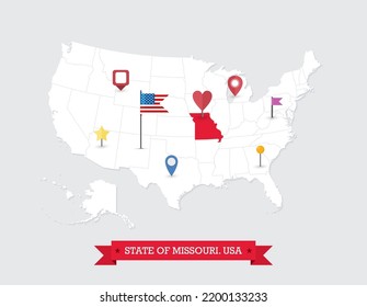 Missouri State map highlighted on USA map. Missouri map on United state of America with flag and navigation icons.