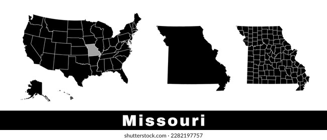 Missouri state map, USA. Set of Missouri maps with outline border, counties and US states map. Black and white color vector illustration.