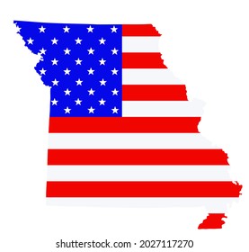 Missouri state map vector silhouette illustration. United States of America flag over Missouri map. USA, American national symbol of pride and patriotism. Vote election campaign banner.