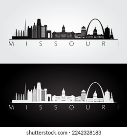 Missouri state skyline and landmarks silhouette, black and white design. Vector illustration.