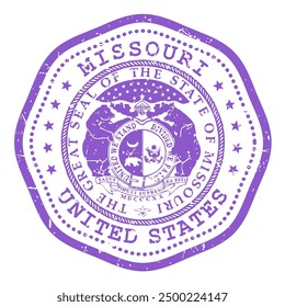 Sello del estado de Missouri con sello, sello de viaje de EE.UU., matasellos en mal estado de Missouri, Vector