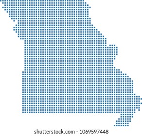 Missouri state of USA map dots vector outline illustration in blue background. Dotted map of Missouri state of United States of America. Creative pixel art map with highly detailed border 