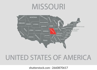 Estado de Misuri, EE.UU., mapa de Vector aislado en el mapa de Estados Unidos. Mapa de Vector en blanco editable de EE.UU.
