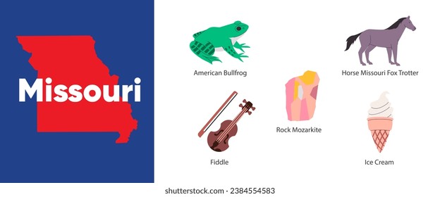 Missouri states with symbol icon of American bullfrog fox trotter fiddle mozarkite illustration