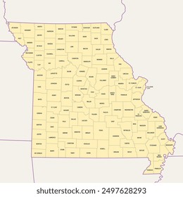 Missouri, subdividido en 114 condados y la ciudad independiente de St. Louis, mapa político. Estado en la región del Medio Oeste de los Estados Unidos, apodado Show Me State, Cave State y Mother of the West.