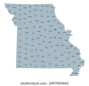 Misuri, subdividido en 114 condados y la ciudad independiente de San Luis, mapa político gris. Estado en la región del Medio Oeste de los Estados Unidos, Show Me State, Cave State y Mother of the West.