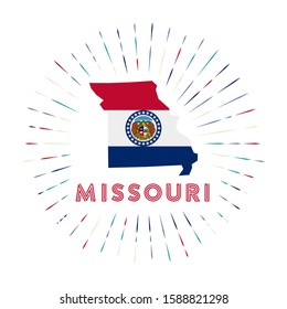 Missouri sunburst badge. The US state sign with map of Missouri with state flag. Colorful rays around the logo. Vector illustration.