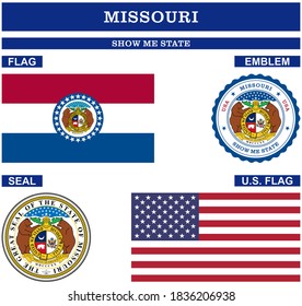 Missouri Symbol collection with flag, seal, US flag and emblem as vector.