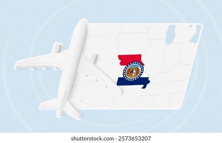 Missouri Travel Illustration with Plane and National Flag. Ideal for travel agencies, promotional materials, or geographic content related to Missouri.