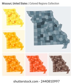 Missouri, United States. Map collection. State shape. Colored counties. Blue Grey, Yellow, Amber, Orange, Deep Orange, Brown color palettes. Border of Missouri with counties. Vector illustration.