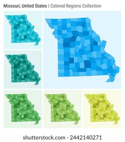 Missouri, Estados Unidos. Colección de mapas. Forma Estado. Condados coloreados. Paletas de colores azul claro, cian, verde azulado, verde claro, verde lima. Frontera de Missouri con los condados. Ilustración vectorial.