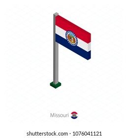 Missouri US state flag on flagpole in isometric dimension. Isometric blue background. Vector illustration.