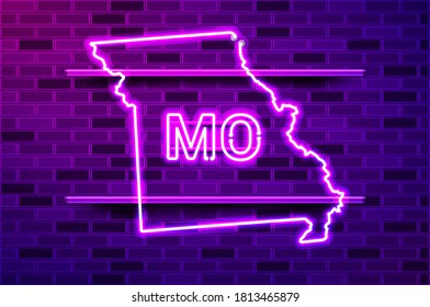 Missouri US state glowing neon lamp sign. Realistic vector illustration. Purple brick wall, violet glow, metal holders.