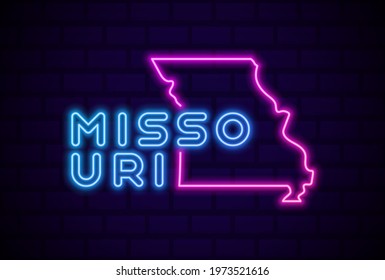 missouri US state glowing neon lamp sign Realistic vector illustration Blue brick wall glow