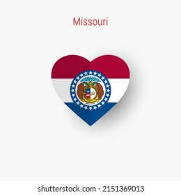 Missouri US state heart shaped flag. Origami paper cut folded banner. 3D vector illustration isolated on white with soft shadow.