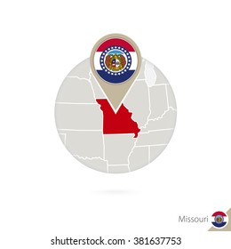 Missouri US State map and flag in circle. Map of Missouri, Missouri flag pin. Map of Missouri in the style of the globe. Vector Illustration.