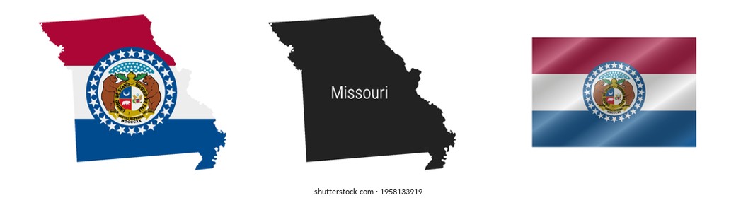 Missouri US state map with masked flag. Detailed silhouette. Waving flag. Vector illustration isolated on white.