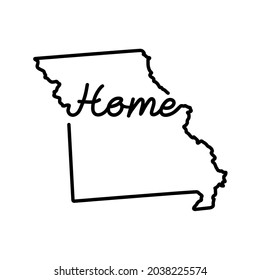 Missouri US state outline map with the handwritten HOME word. Continuous line drawing of patriotic home sign. A love for a small homeland. Interior decoration idea. Vector illustration.