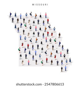 Missouri US state population map. Large group of realistic a diverse crowd of people figures. Flat vector illustration isolated on white.