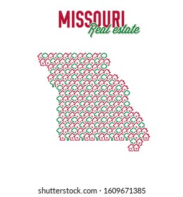 Missouri US state realty creative concept. Icons of houses with gardens in the shape of a map of Missouri. Vector illustration.