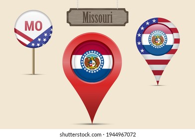 Missouri US state round flag. Map pin, red map marker, location pointer. Hanging wood sign in vintage style. Vector illustration. American stars and stripes flag. Two-letter state abbreviation.