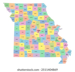 Missouri, U.S. state, subdivided into 114 counties and independent city St. Louis, multi colored political map with capital Jefferson City, borders and county names. State in Midwestern region of USA.