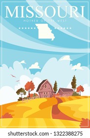 Missouri is a US state. Vector concept of tourist postcard and souvenir. Beautiful places of the United States of America on posters.