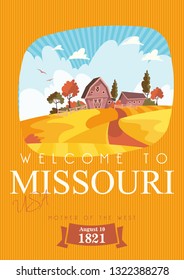 Missouri is a US state. Vector concept of tourist postcard and souvenir. Beautiful places of the United States of America on posters.