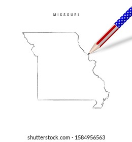 Missouri US state vector map pencil sketch. Missouri outline contour map with 3D pencil in american flag colors. Freehand drawing vector, hand drawn sketch isolated on white.